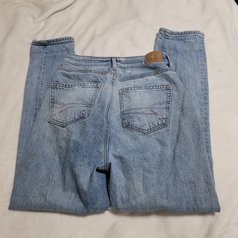 American Eagle Highest Rise Mom Jean Sz 0 Blue Denim Distressed AE School - Picture 4 of 7